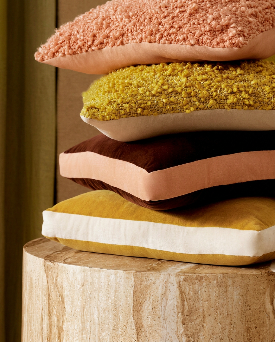 Stacked cushions in autumn tones