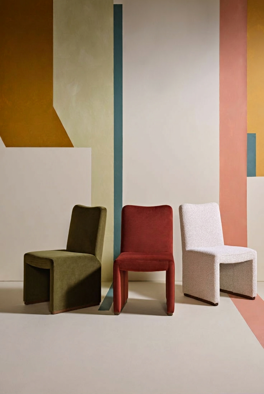 Three chairs against painted backdrop